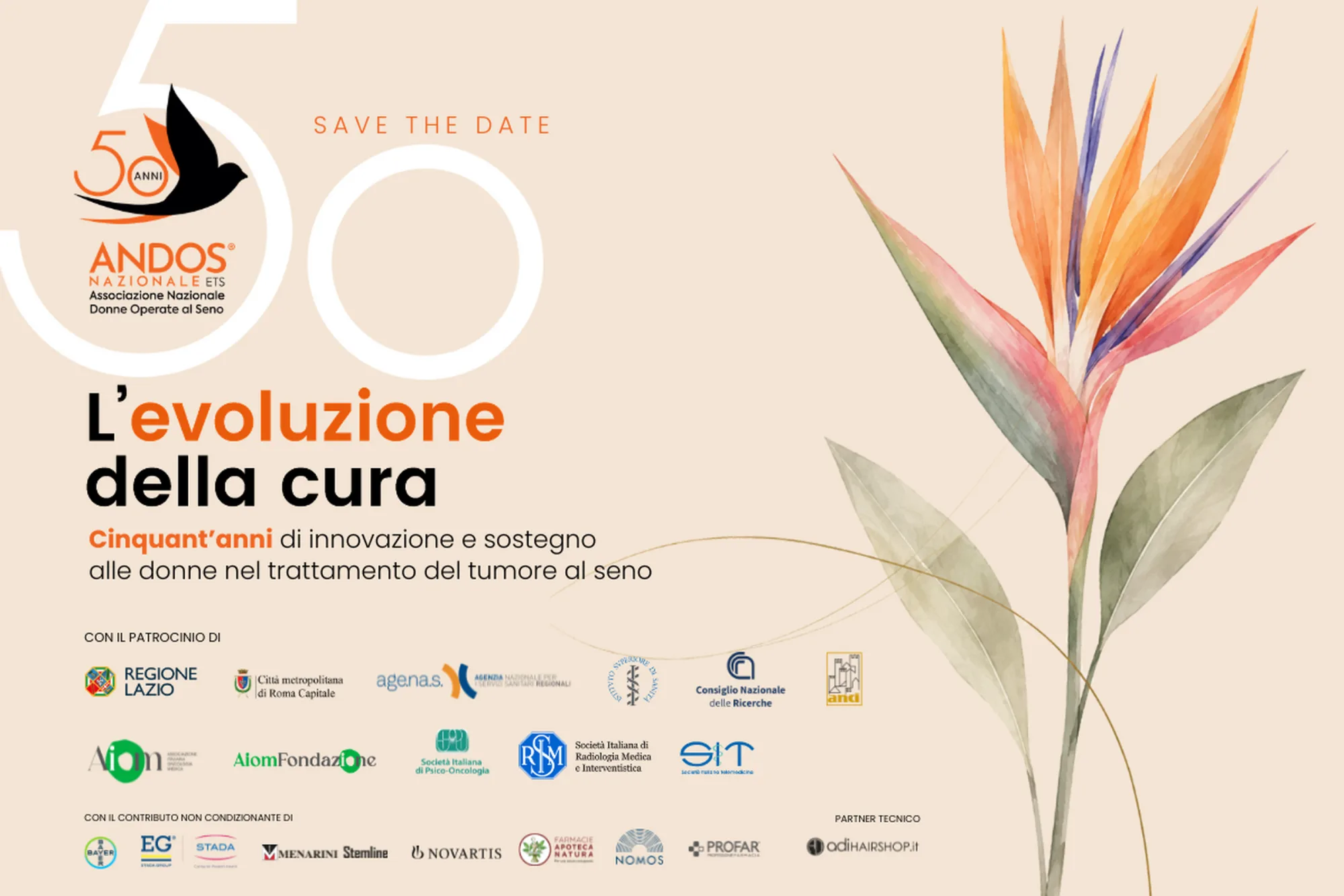 Con il patrocinio di: Regione Lazio, Istituto Superiore di Sanità, Consiglio Nazionale delle Ricerche, ANDI, Città metropolitana di Roma Capitale, AIOM, Fondazione AIOM, Società Italiana di Psico-Oncologia, Società Italiana di Radiologia Medica e Interventistica, Società Italiana di Telemedicina. Con il contributo non condizionante di: Bayer, EG Stada Group, Menarini Stemline, Novartis, Farmacie Apoteca Natura, Nomos, Profar. Partner tecnico: adiHairShop.it