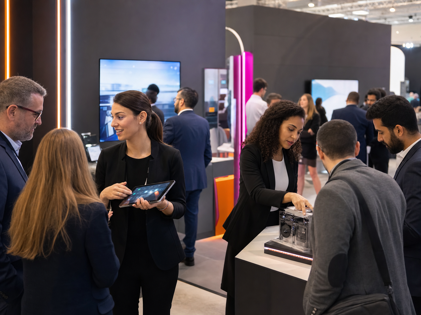 Stay Open hostesses explain technology products to trade fair visitors